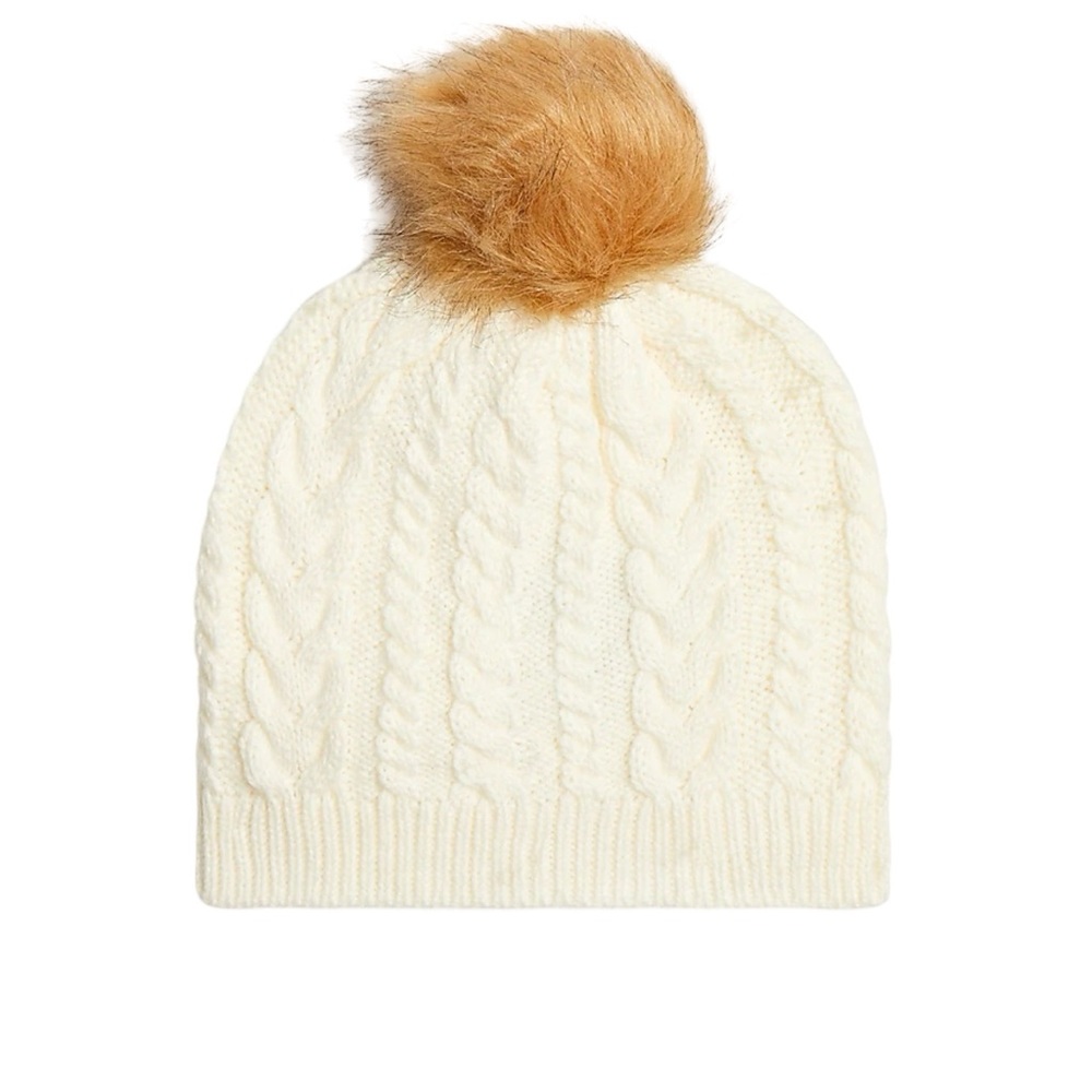 J. Crew Factory Cable Pom Pom Beanie Hat in Ivory